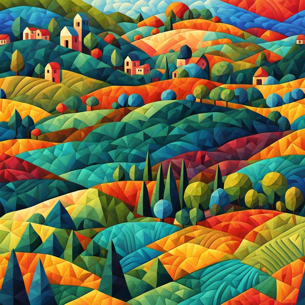Colorful Geometric Landscape in Cubist Art Deco Style