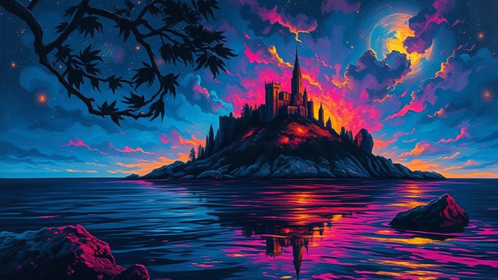 Mystical Island Midnight Scene in Impasto Oil Paint