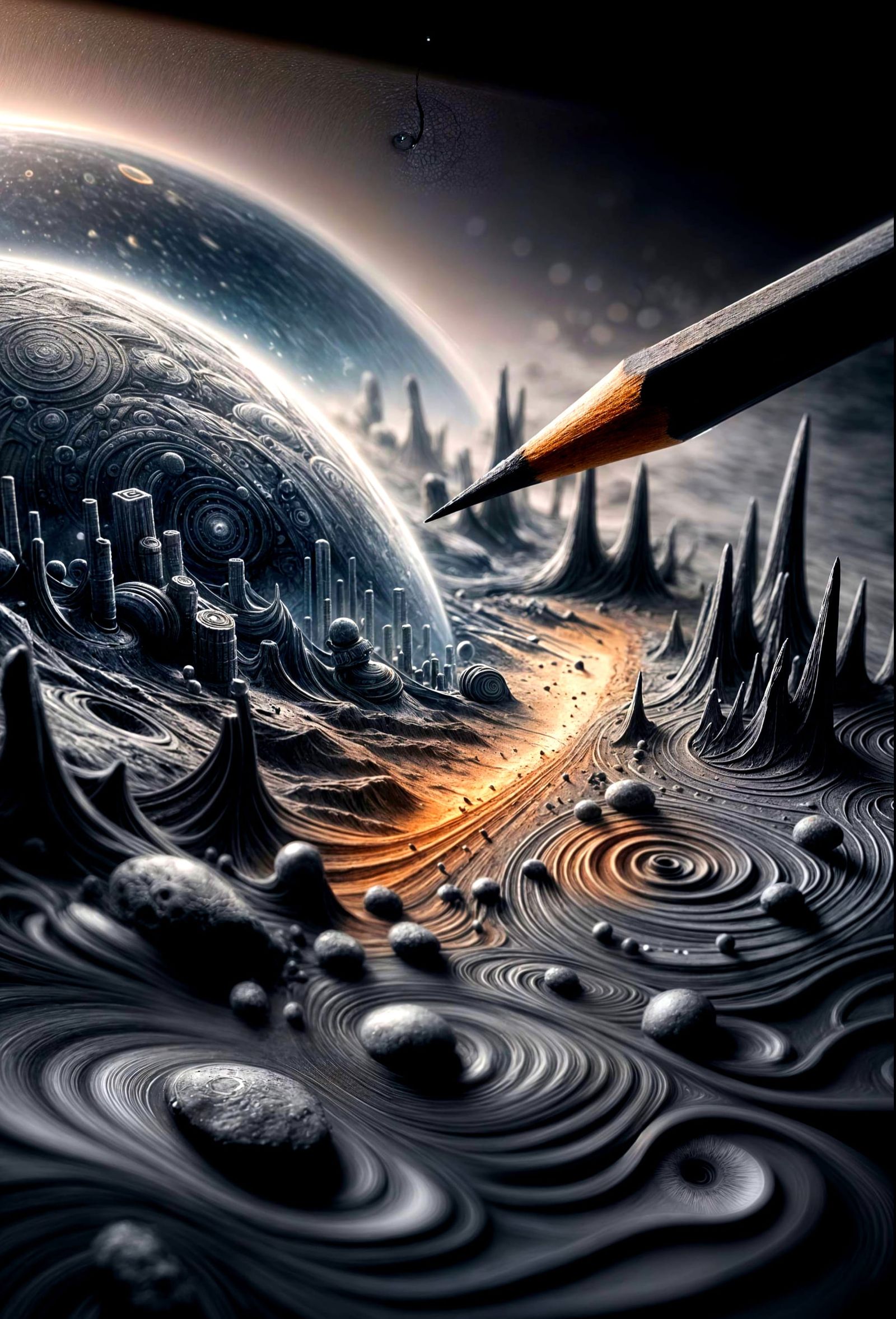 Charcoal Sketch of Surreal Martian Life