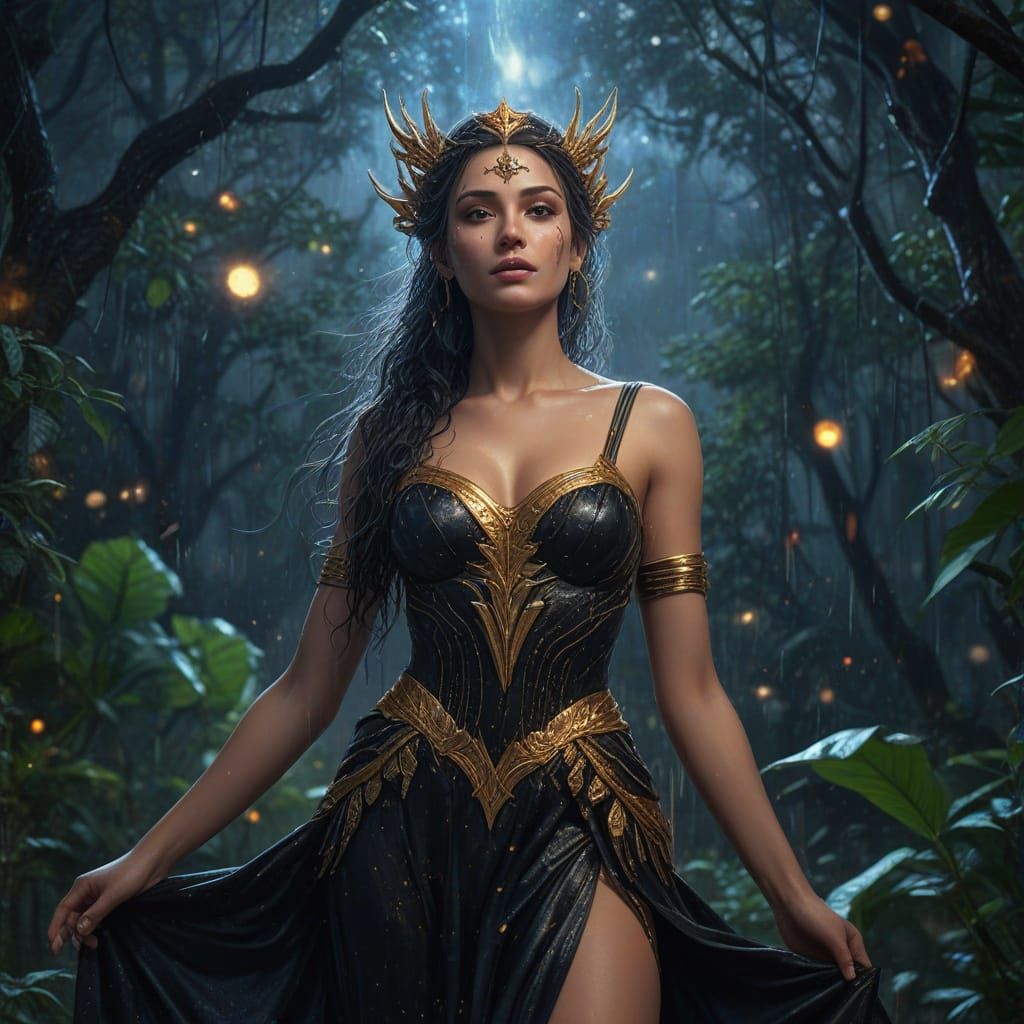 Goddess Nemesis in Starry Rainforest: Hyperrealistic Oil Pai...