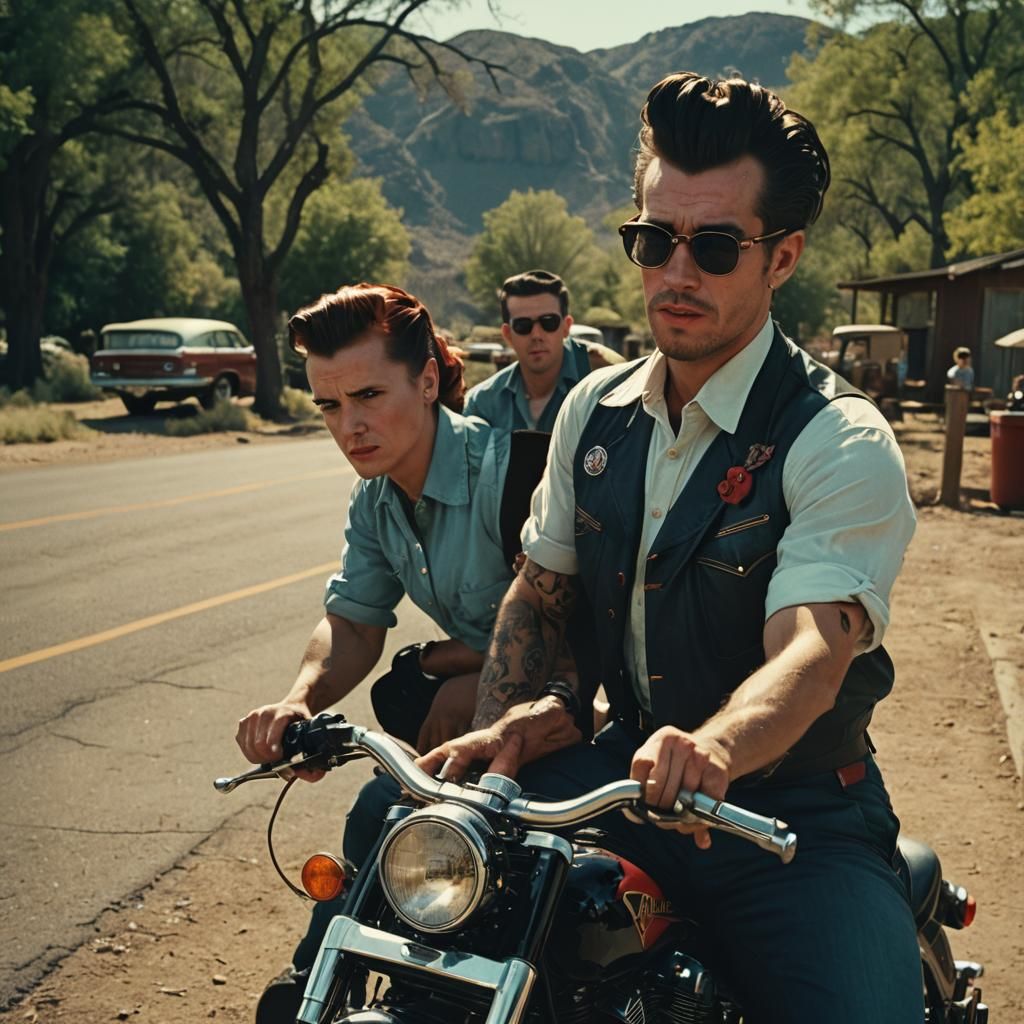 Cinematic Rockabilly Scene in Film Still