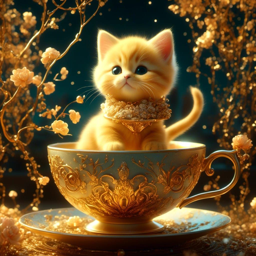 Golden Kitten in Teacup: Intricate Cel-Shaded Drawing