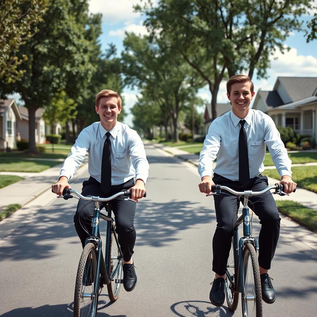 Missionaries Biking Down Suburban Street: Cinematic Film Sti...