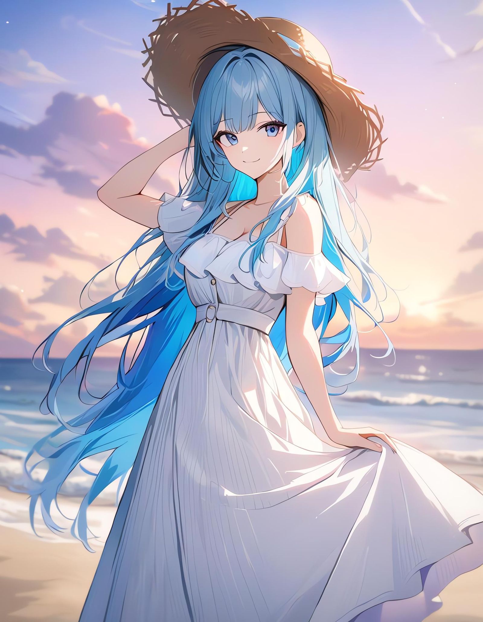 Girl with Blue Hair on Beach with Stars