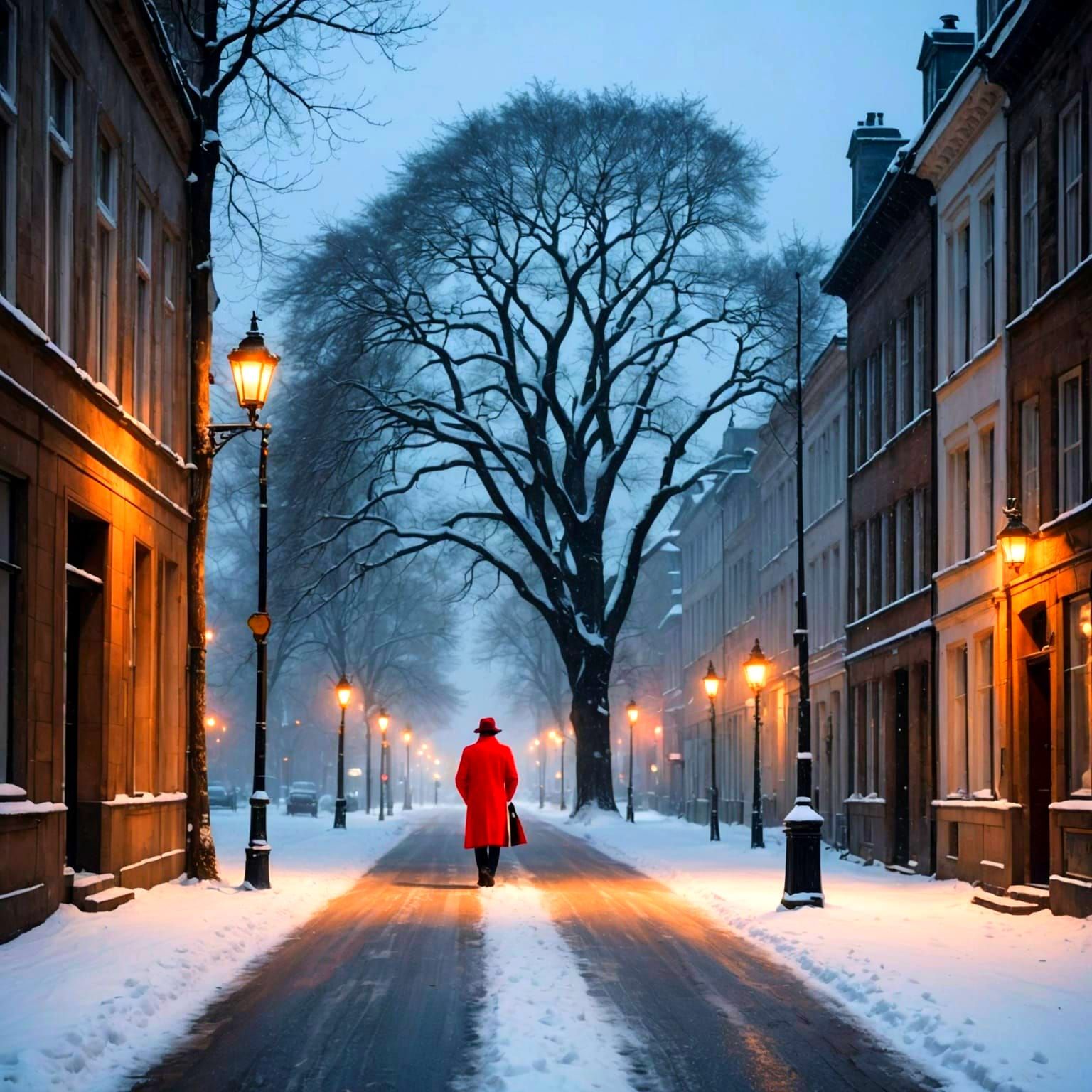 Winter Scene: Figure in Red Coat Walks Toward Tree