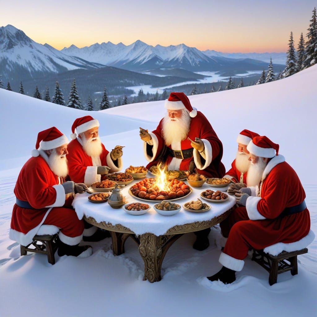 Santas Gather Around a Majestic Feast on a Golden Sand Dune