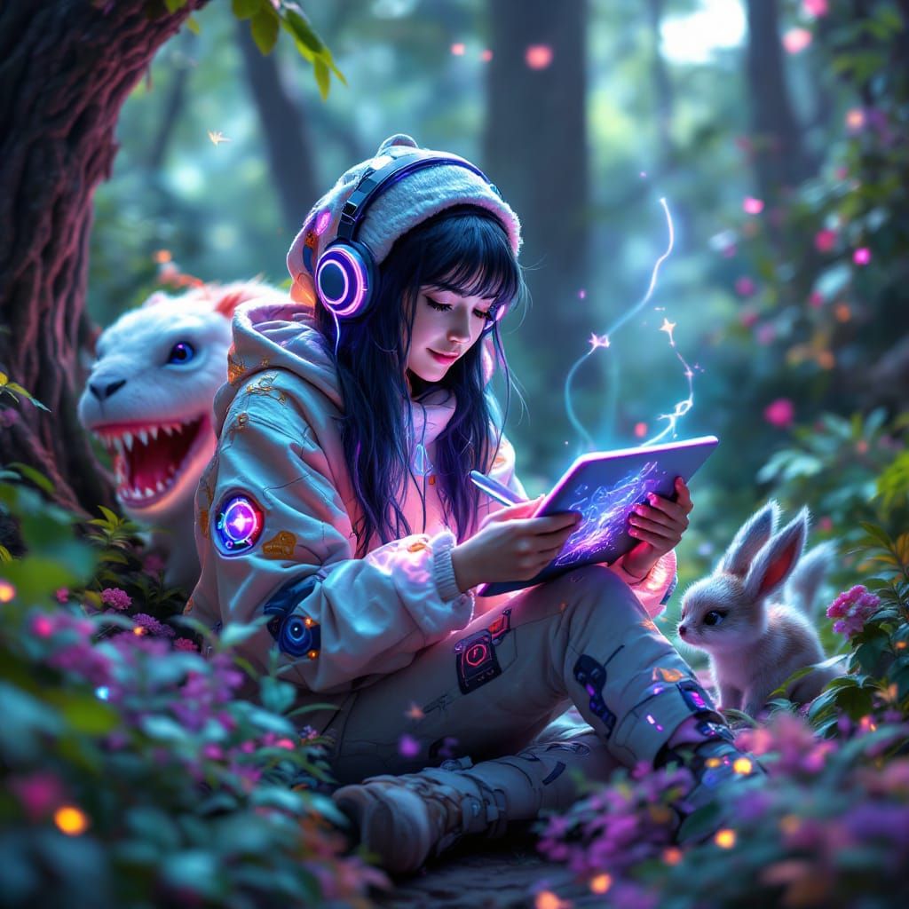 Digital Artist Creates Wildlife on Tablet in Forest