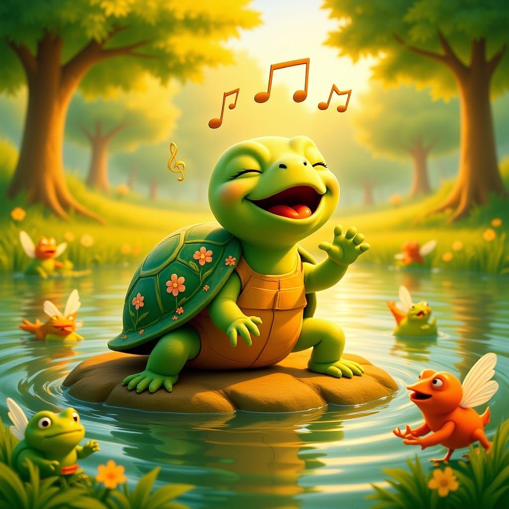 Cheerful Singing Turtle in Whimsical Illustration Style