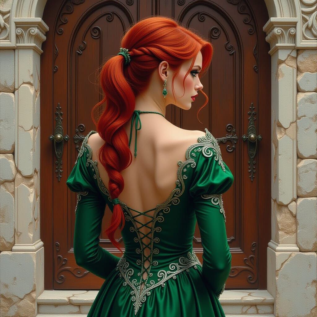 Elf with Red Hair in Emerald Gown