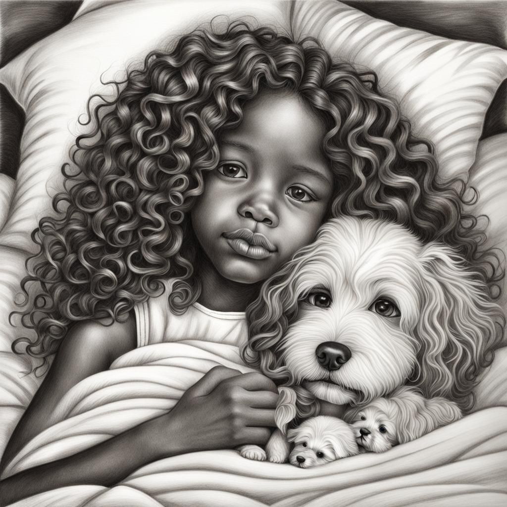 Detailed Pencil Drawing of Girl with Puppy