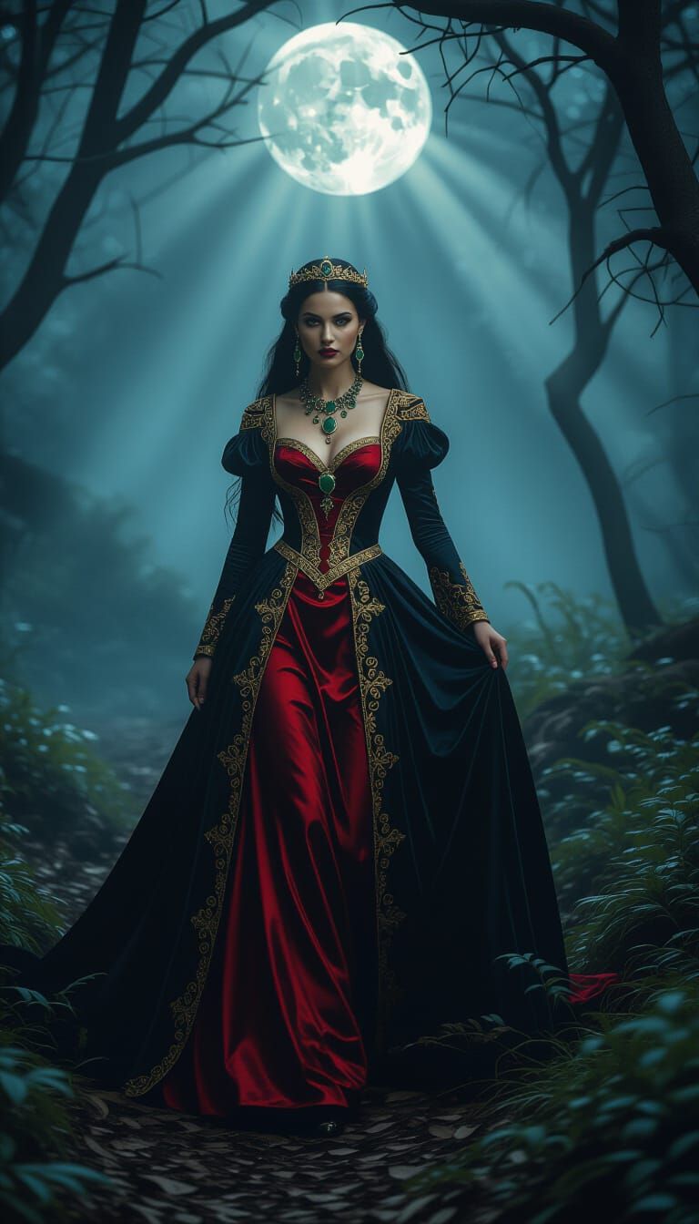 Dark Fantasy Queen in Enchanted Forest at Night