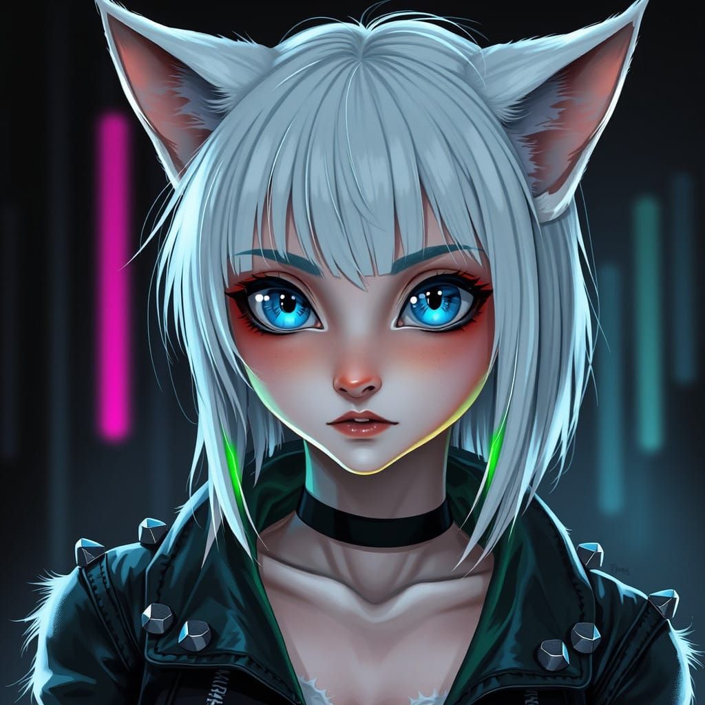 Gothic Cyberpunk Catgirl with Green Eyes