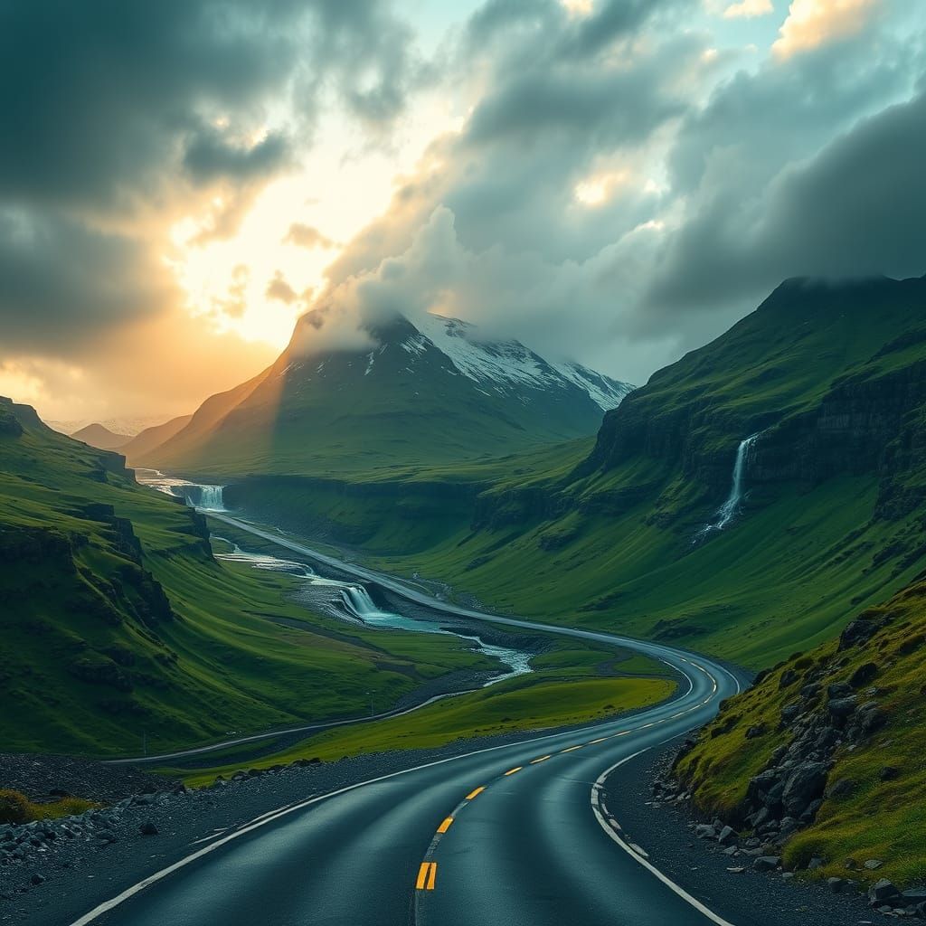 Icelandic Road F in a Dramatic, Emerald Valley