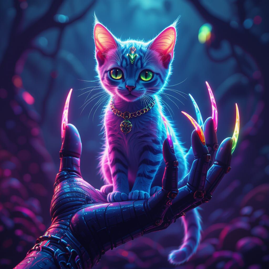 Neon Alien Cat Centaur in Eerie Hand