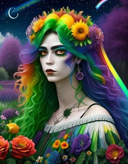 Detailed Goth Man Portrait with Rainbow Floral Theme