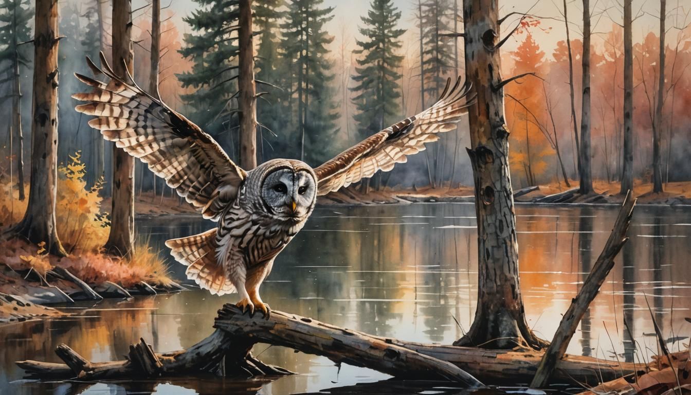 Barred Owl Landing: Watercolor Landscape Painting