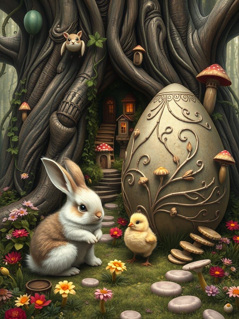Whimsical Bunny and Chick in Fairy Village