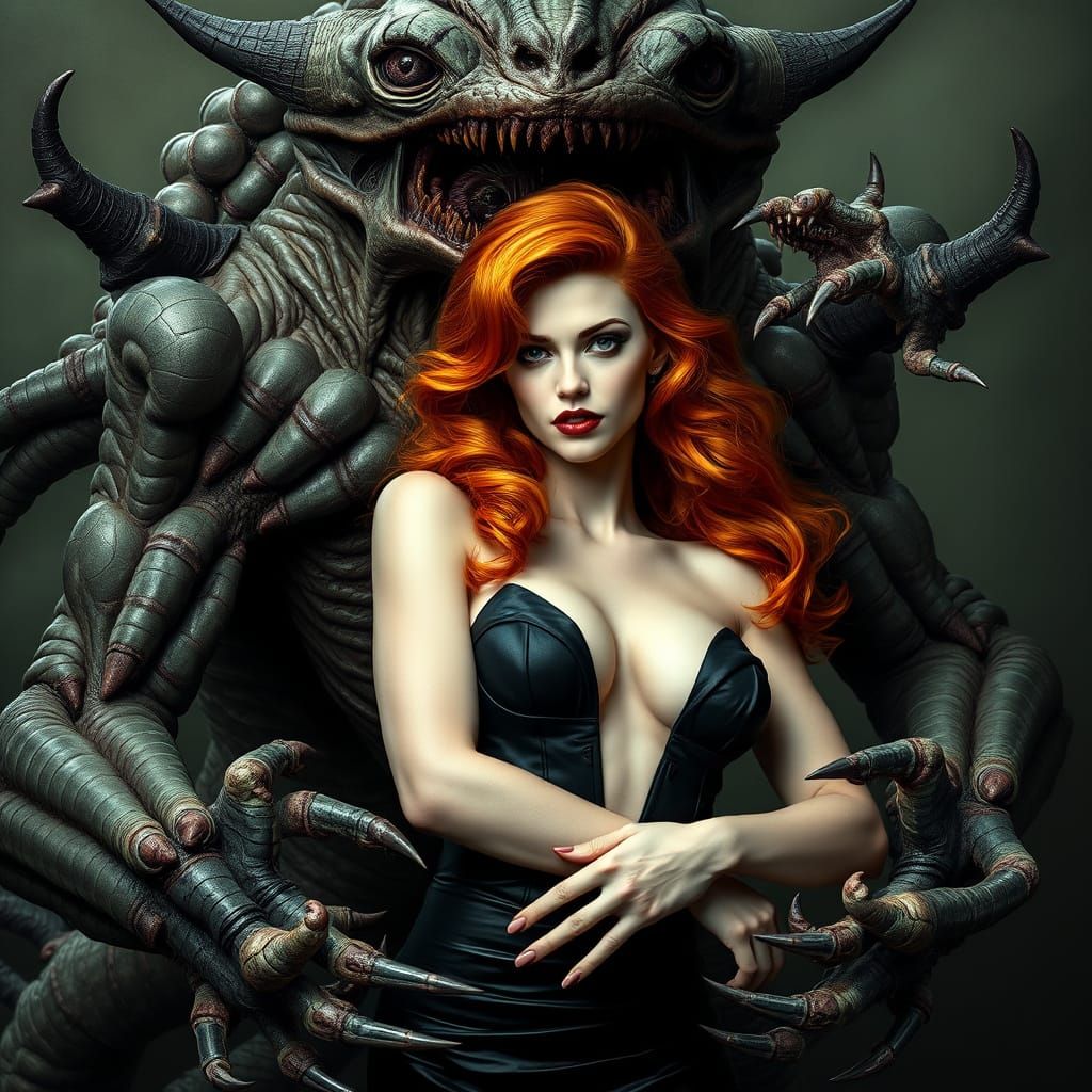 Gothic Alien Hybrid Holds Beautiful Ginger-Haired Woman in D...