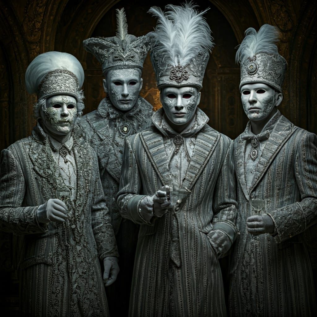 Eerie Mardi Gras Masks in Surreal Setting