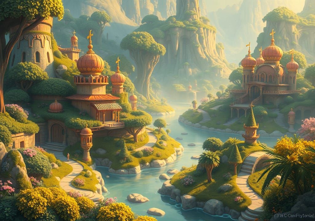 Dreamy Landscape Art with Lush Greenery and Architecture