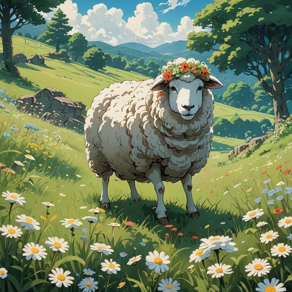 Sheep with Flower Crown in Ghibli Style