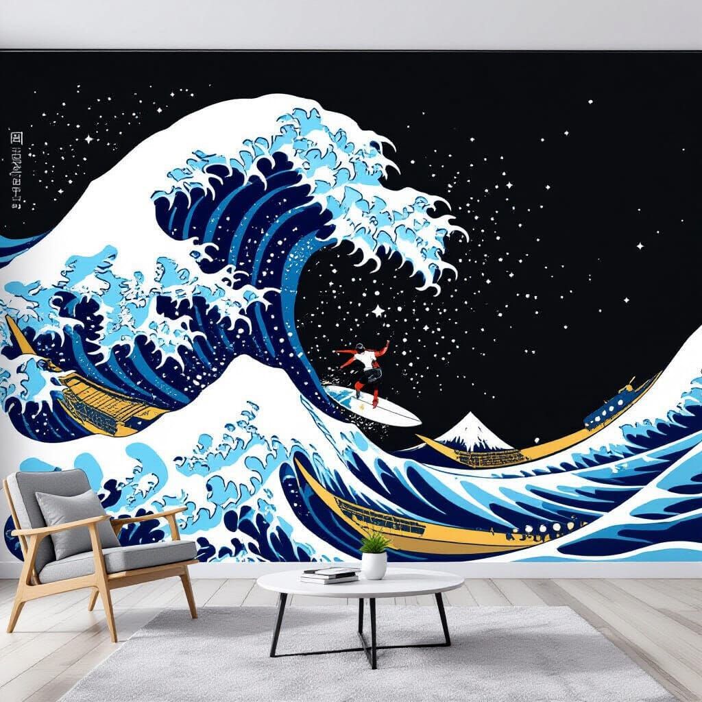Surfer Rides Wave: Kanagawa-Inspired Wall Mural