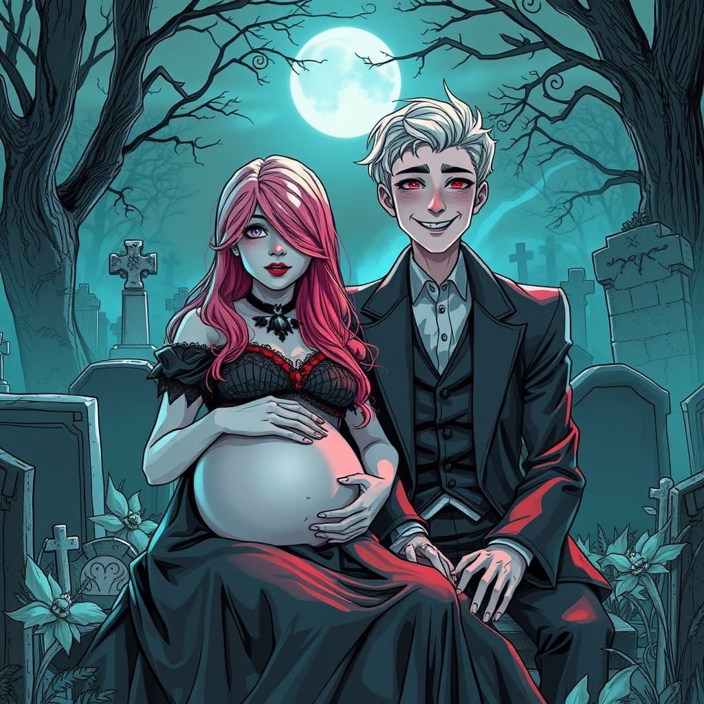 Gothic Couple in Cemetery Concept Art