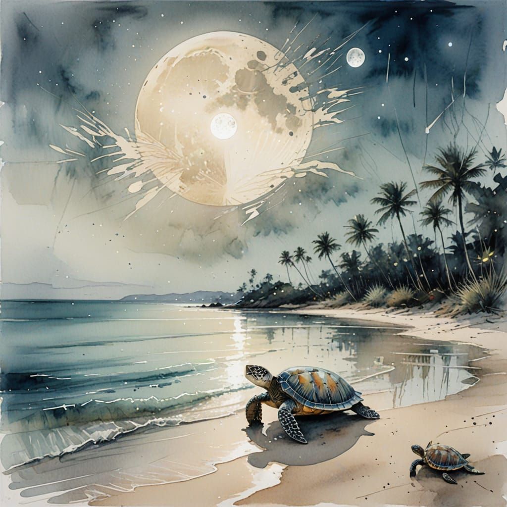 Serene Moonlit Beach Scene in Watercolour Style