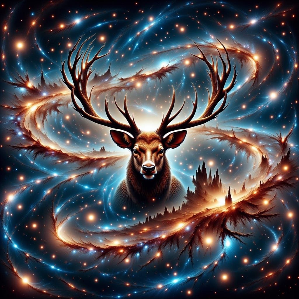 Surreal Cosmic Elk Silhouette in a Dazzling Galaxy Landscape