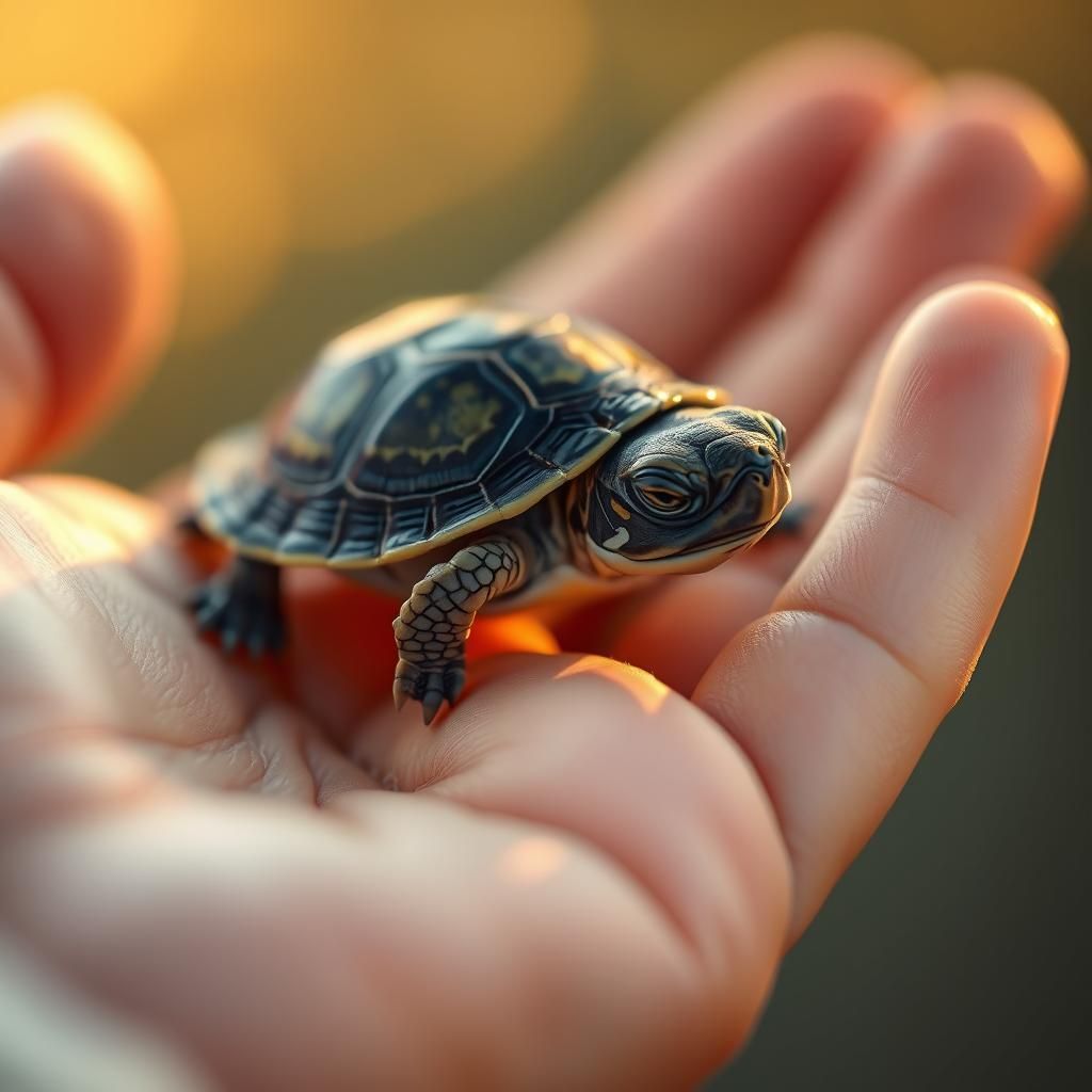 Baby Turtle Sleeping in Child's Hand: Macro Photography
