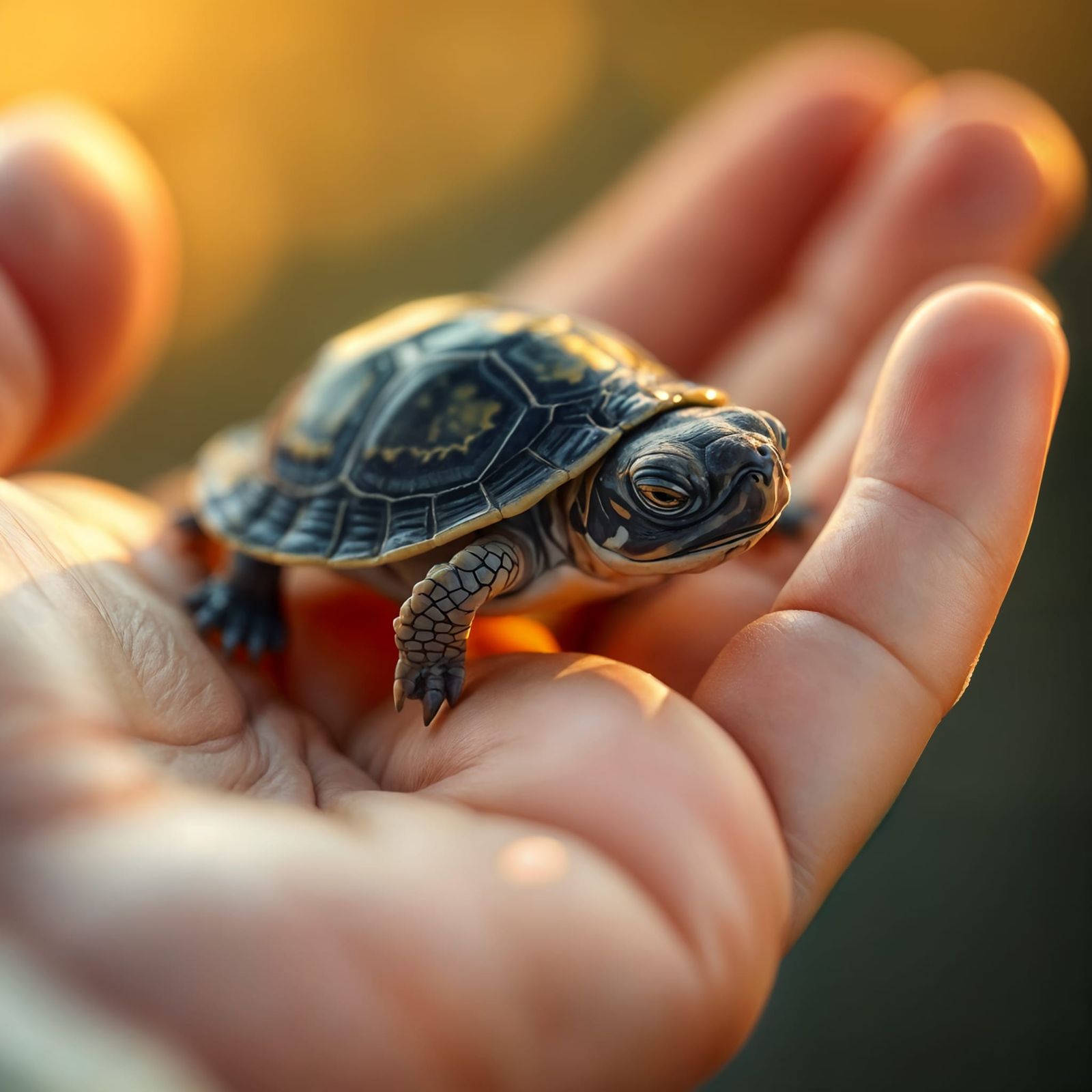 Baby Turtle Sleeping in Child's Hand: Macro Photography