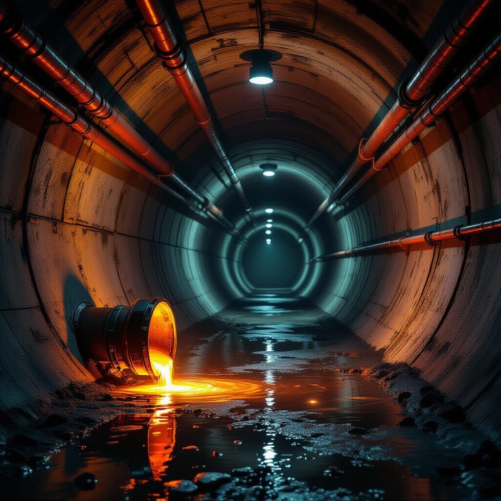 Glowing Liquid Spill in Underground Tunnel