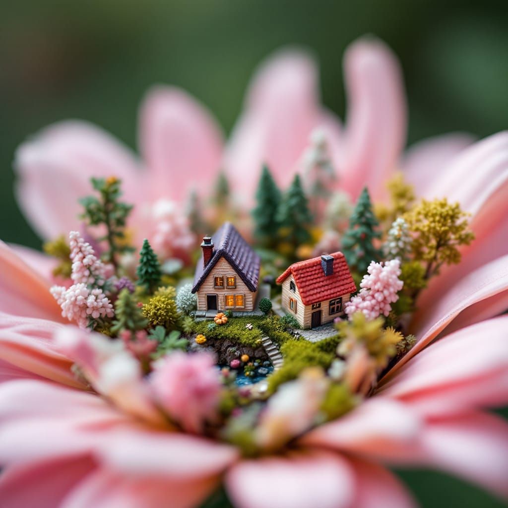 Macro Photo of Miniature Village on Flower