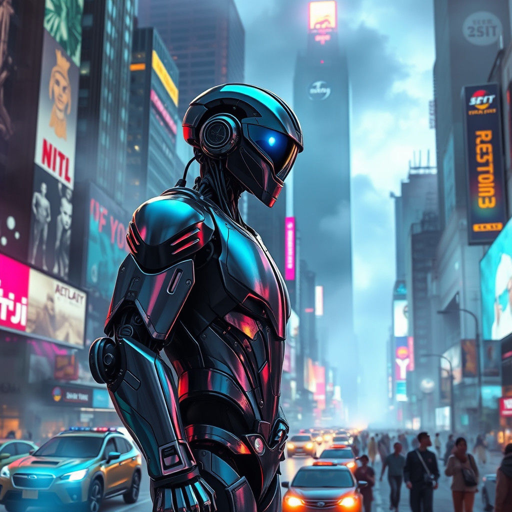 Cyberpunk Robotic Cop in Neon Cityscape