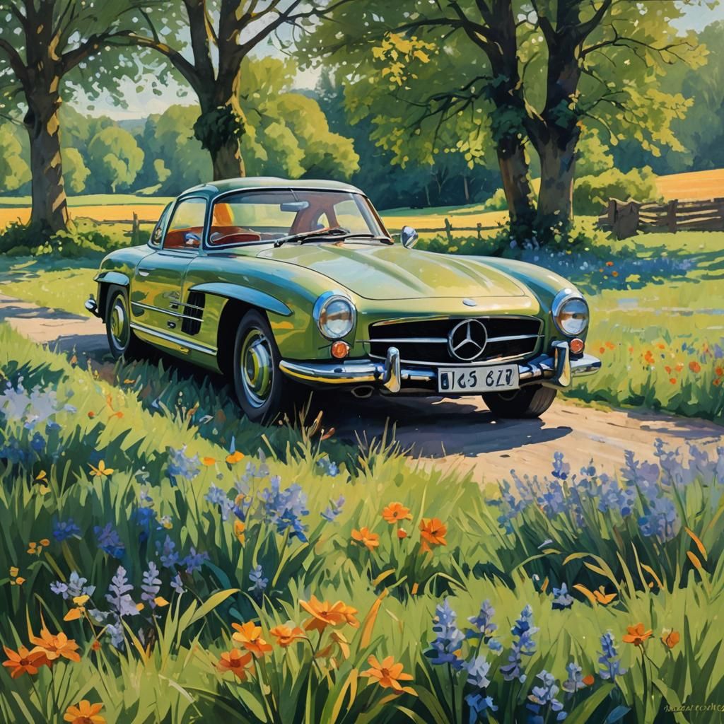 Mercedes 300 SL in British Meadow as Post-Impressionist Pain...