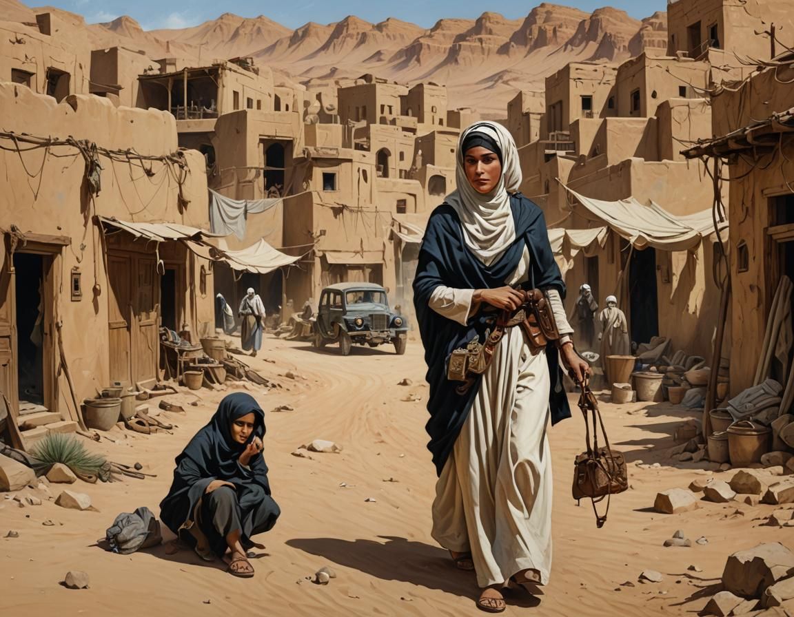 Arab Woman in Desert Village, Vintage Pin-Up Style