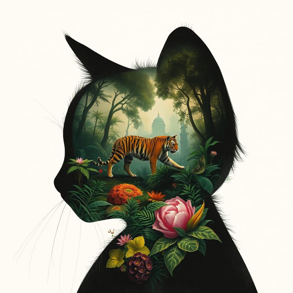 Kitten Silhouette: A Double Exposure Jungle Dreamscape