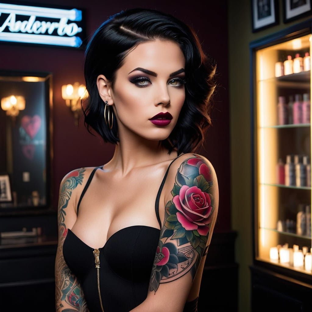 Stunning Dark-Haired Model in Edgy Tattoo Parlor