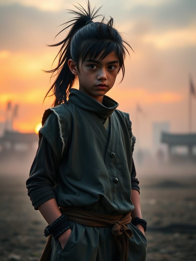 Teen Ninja in Misty Training Ground at Sunset