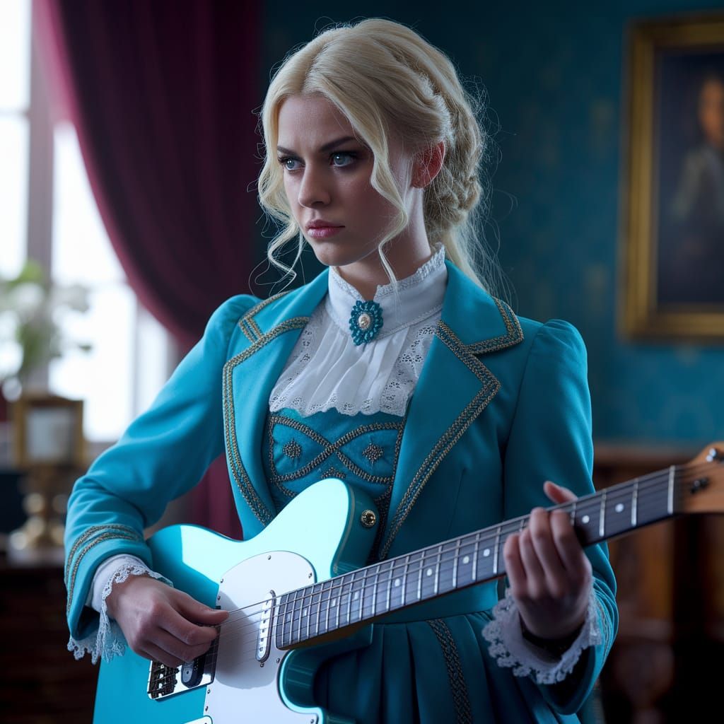 Blonde Woman with Turquoise Guitar, Hyperrealistic Portrait