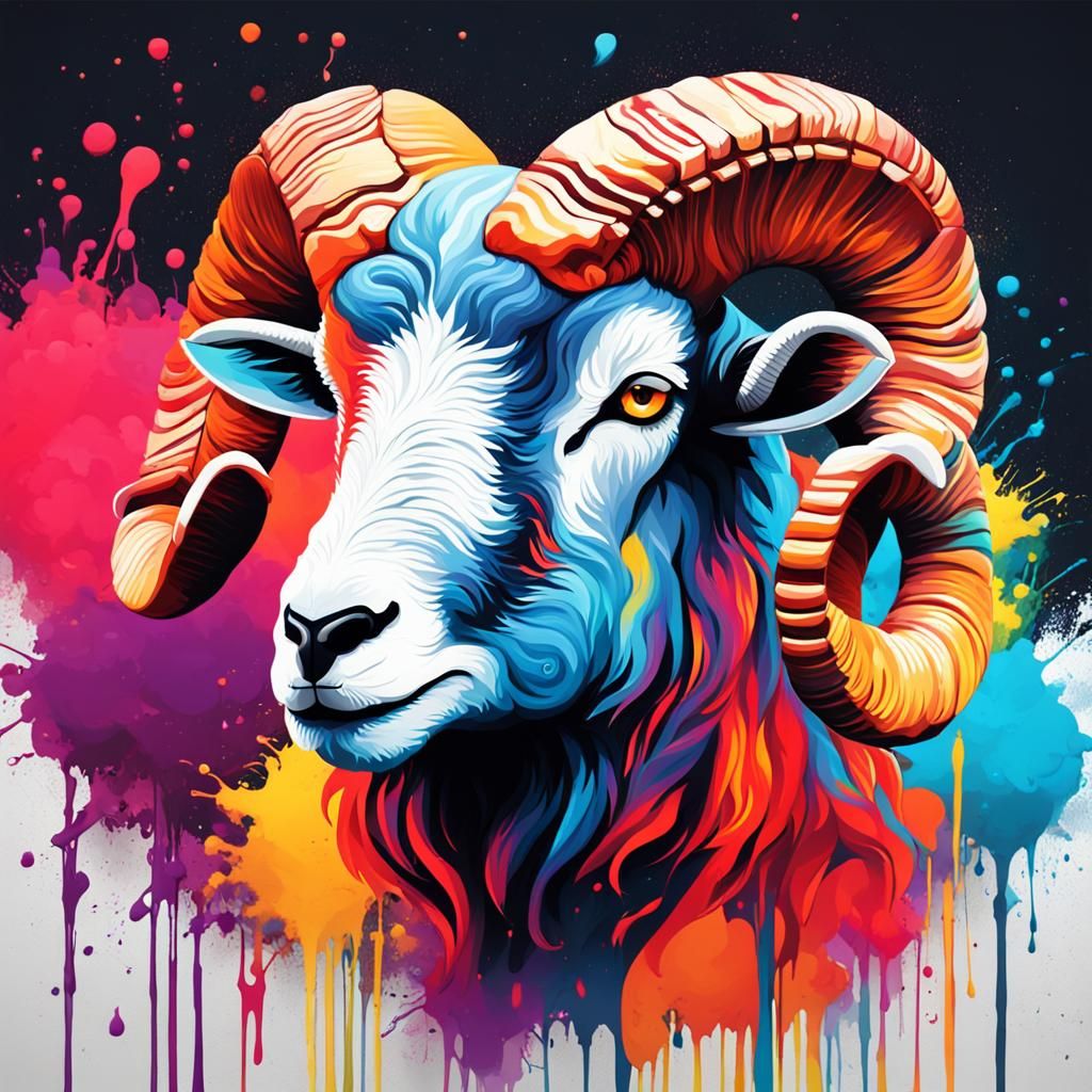 Fiery Aries Zodiac Ram in Graffiti Art Style