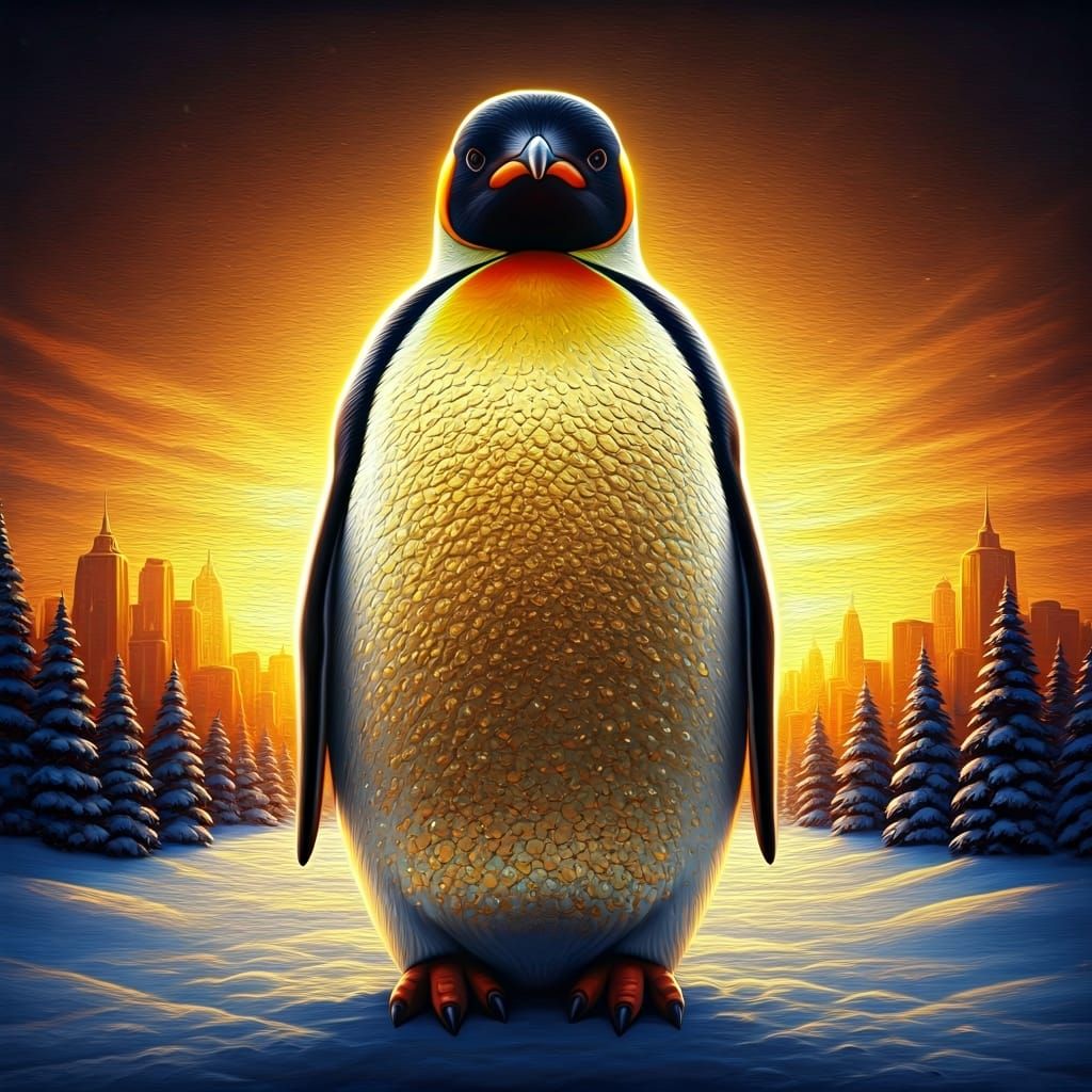 Bejeweled Penguin in Winter Town, Neo-Impressionism Style