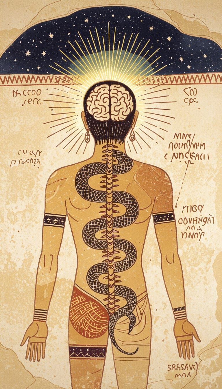 Ancient Cave Art of Humanoid with Serpent and Cosmic Glow