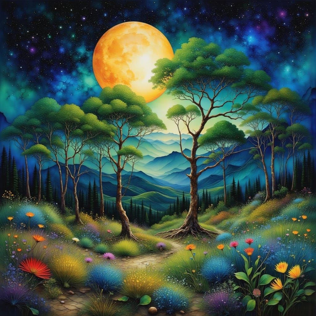 Moonlit Willow Branches Under Velvet Skies