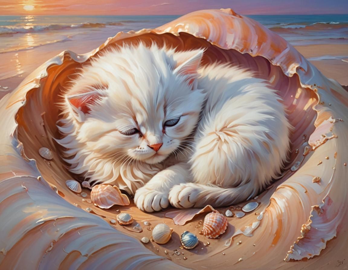 Kitten Sleeping in Seashell: Impressionist Sunset Painting