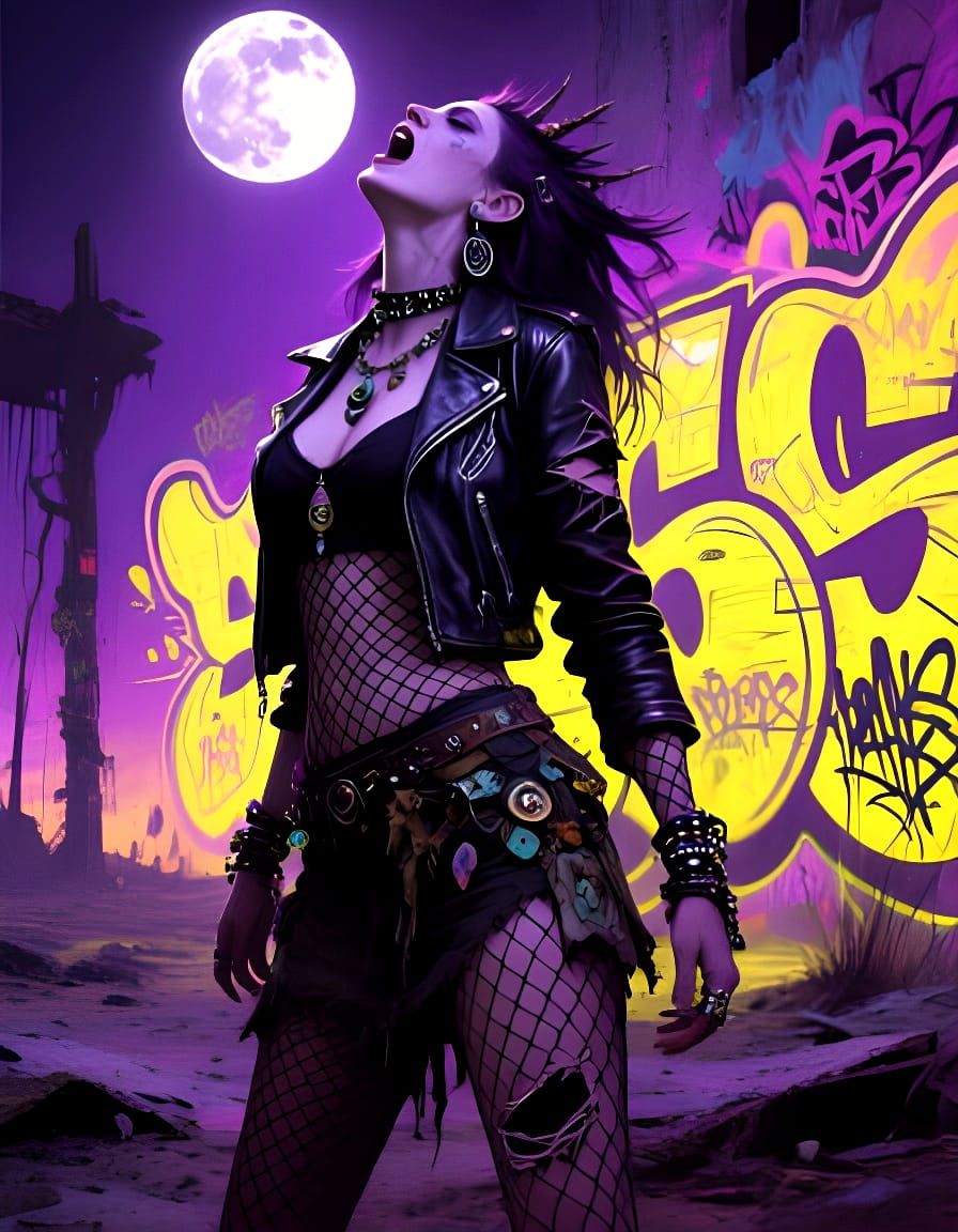 Punk Rock Shamaness Howling in Wasteland Noir Comic Style
