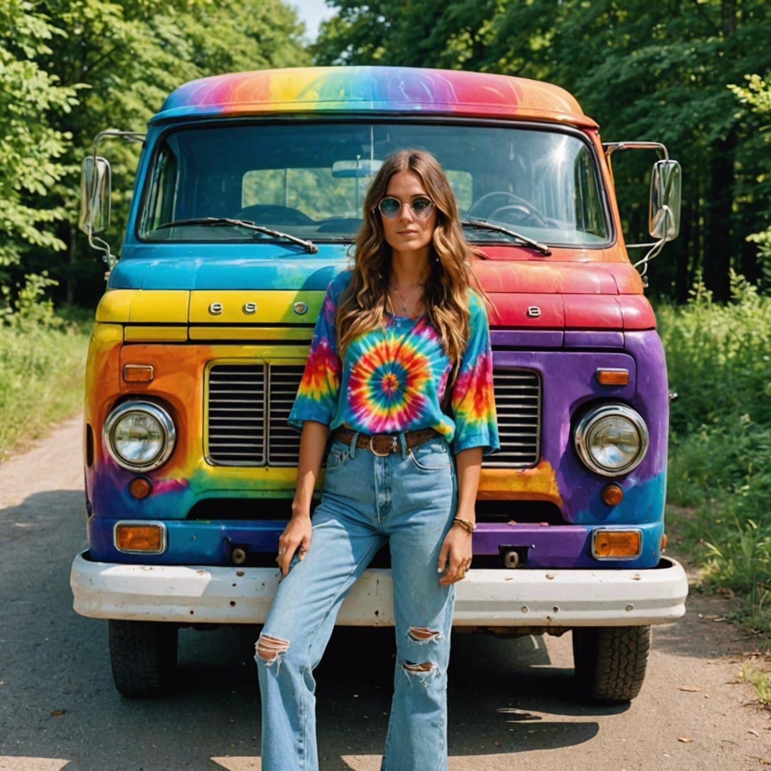 Psychedelic Hippie Girl Truck Scene in 1960s Style