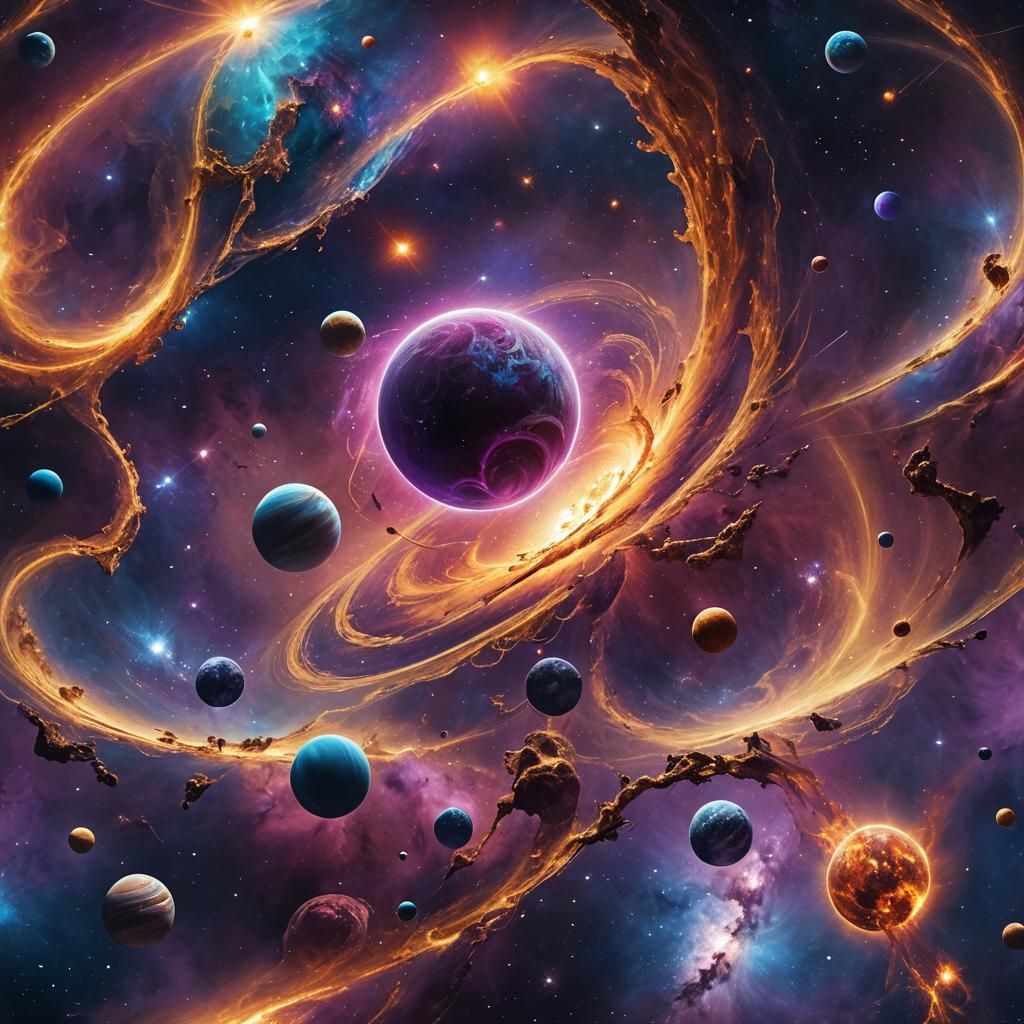 Iridescent Cosmic Landscape with Celestial Bodies