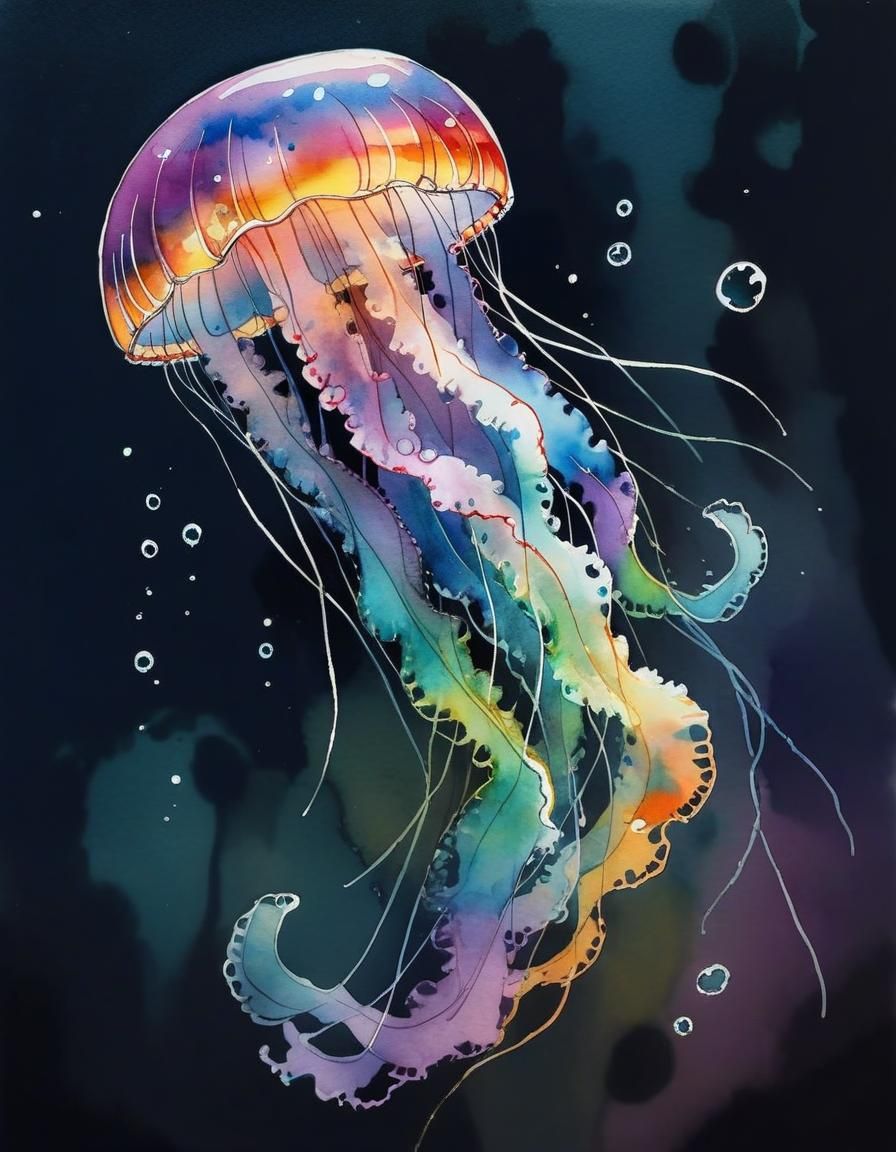 Rainbow Jellyfish in Watercolour Storybook Style