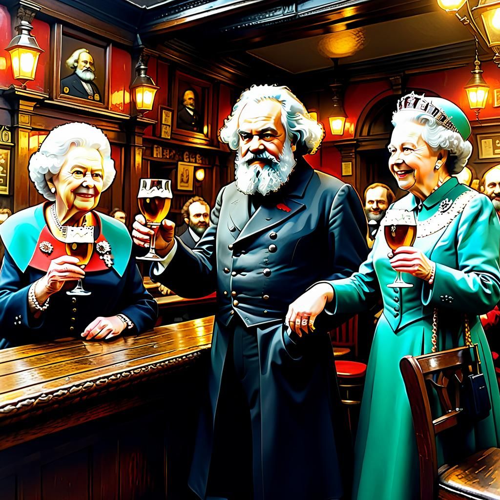 Karl Marx and Queen Elizabeth Toasting in London Pub
